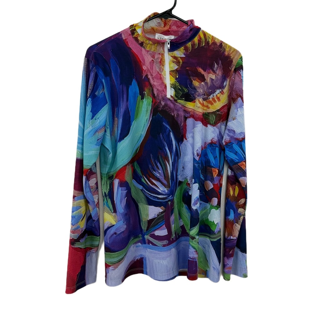 Le Galeriste Top Womens XL Blue Pink Abstract Floral Art Print Quarter Zip Mock